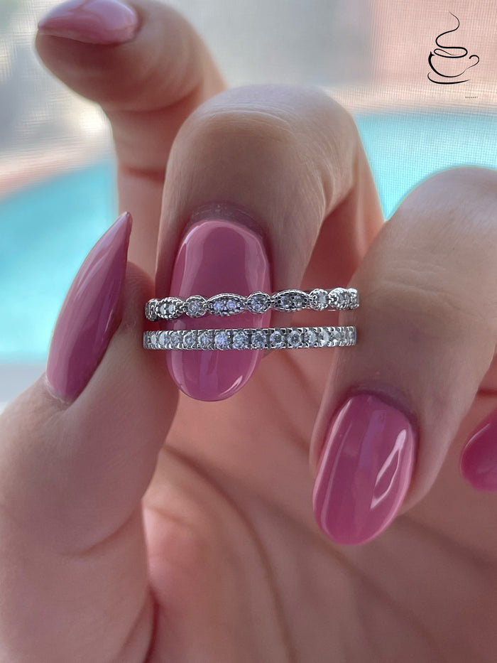 Moissanite Art Deco Band and Half eternity band in Sterling Silver 925, wedding band, stacking rings