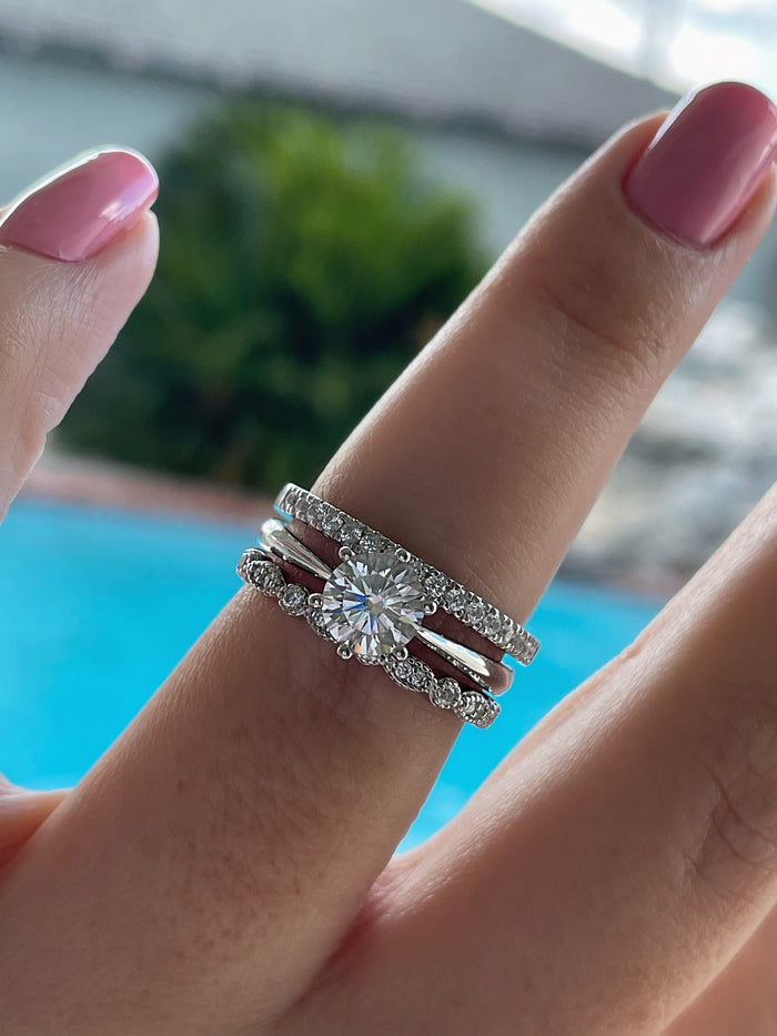 Moissanite Art Deco Band and Half eternity band in Sterling Silver 925, wedding band, stacking rings
