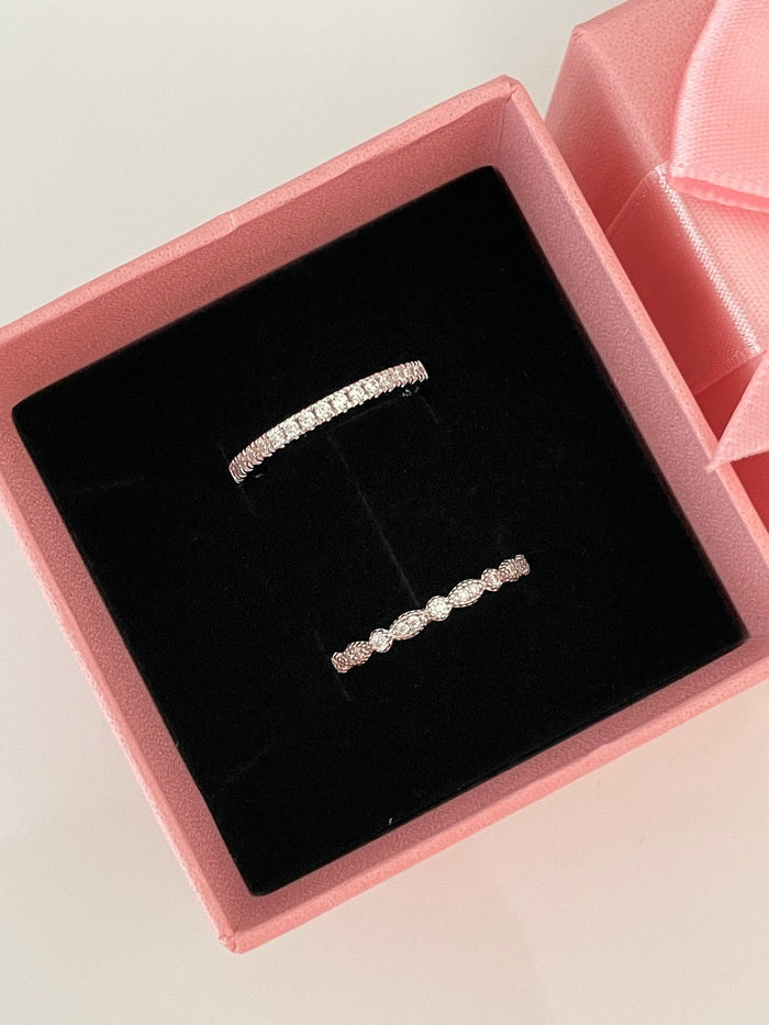 Moissanite Art Deco Band and Half eternity band in Sterling Silver 925, wedding band, stacking rings