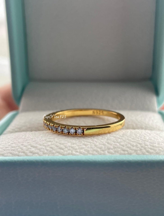 Moissanite band. 2mm 18K yellow gold over silver 925 vermeil Half Eternity Band with Moissanite, Wedding Band, Promise Ring, Stacking band