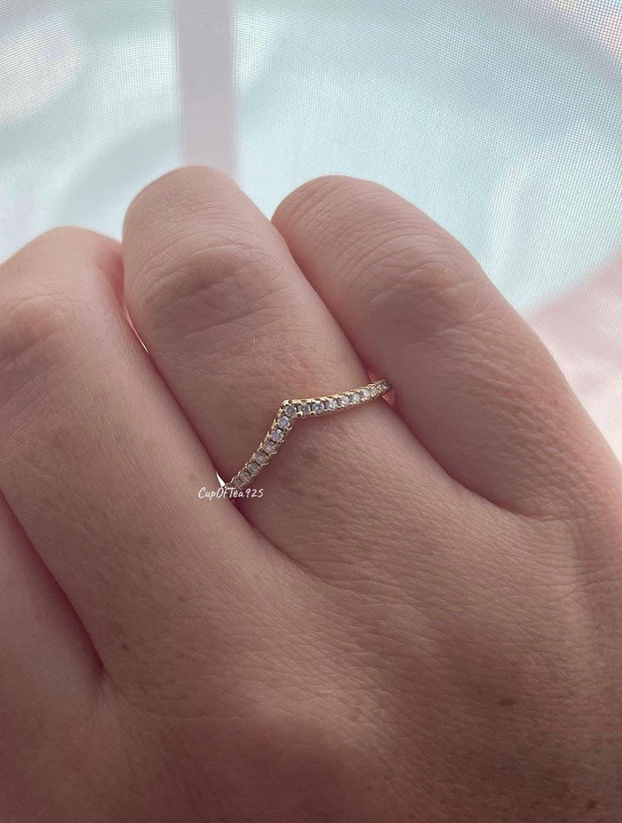 Moissanite Chevron Ring: Yellow Gold Vermeil Sterling Silver Stacking Ring