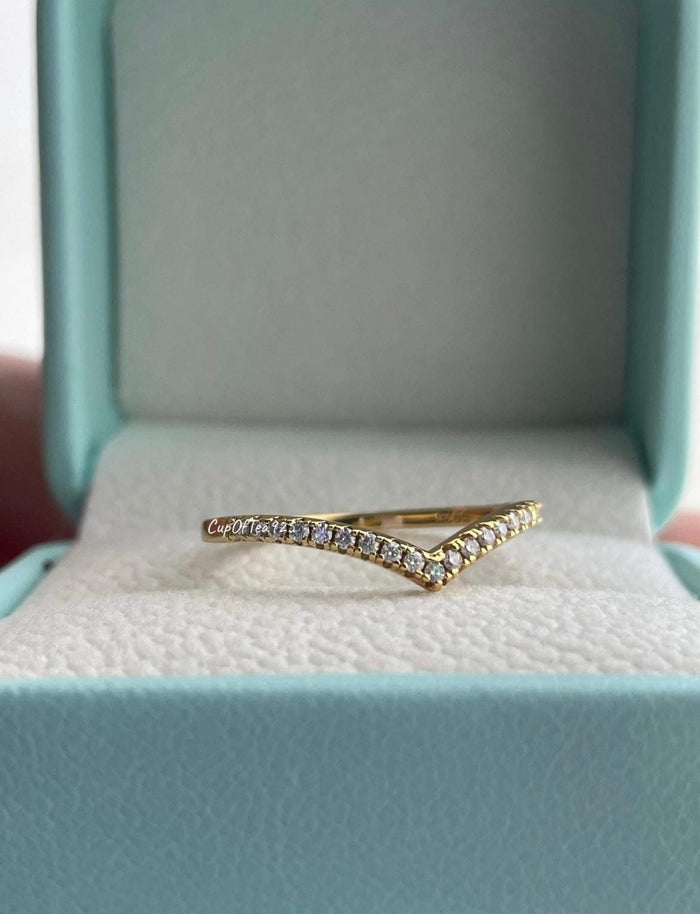 Moissanite Chevron Ring: Yellow Gold Vermeil Sterling Silver Stacking Ring