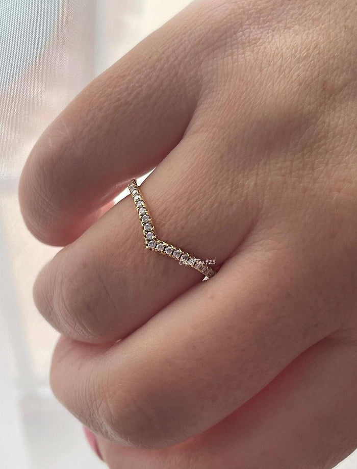 Moissanite Chevron Ring: Yellow Gold Vermeil Sterling Silver Stacking Ring