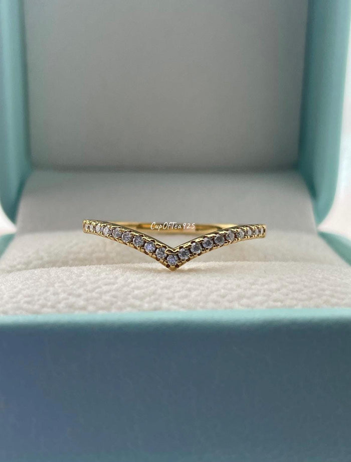 Moissanite Chevron Ring: Yellow Gold Vermeil Sterling Silver Stacking Ring
