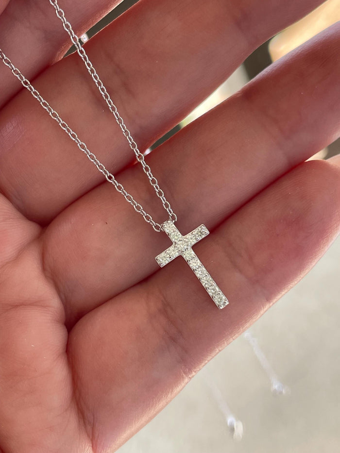 Moissanite Cross Necklace: Sterling Silver 925 Minimalist Pendant