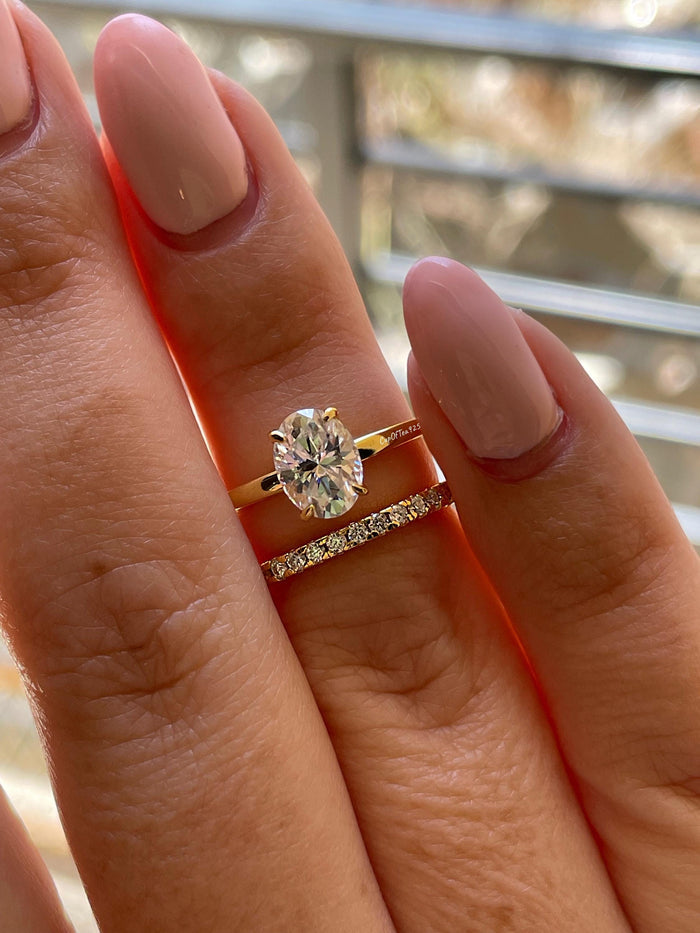 Moissanite engagement ring set. Gold vermeil, Sterling Silver 925 bridal set with 1.5CT oval cut moissanite or CZ diamonds.