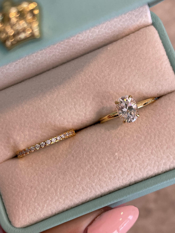 Moissanite engagement ring set. Gold vermeil, Sterling Silver 925 bridal set with 1.5CT oval cut moissanite or CZ diamonds.