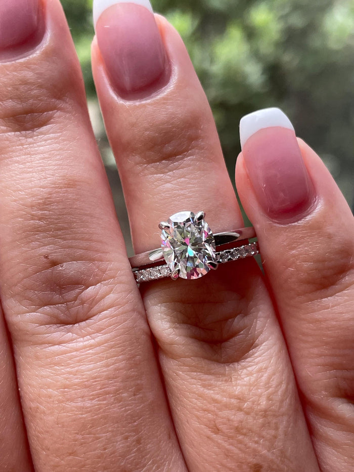 Moissanite engagement ring set. Sterling Silver 925 bridal set with 2CT oval cut moissanite solitaire ring and half eternity wedding band