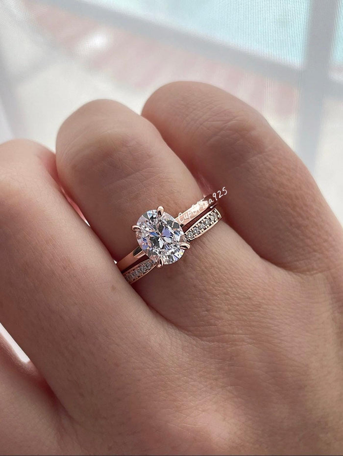 Moissanite engagement ring set. Sterling Silver 925 bridal set with 2CT oval cut moissanite or CZ solitaire and curved moisanite band.