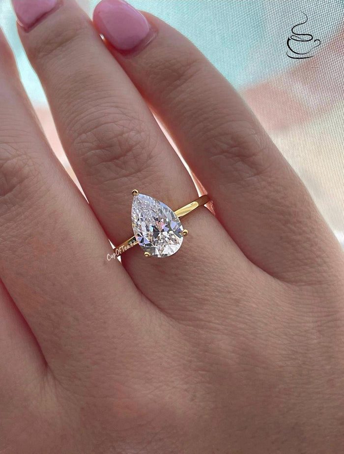 Moissanite engagement ring. Sterling Silver 925, 10K, 14K engagement ring with 2CT 4CT pear shaped moissanite, tear drop moissanite ring