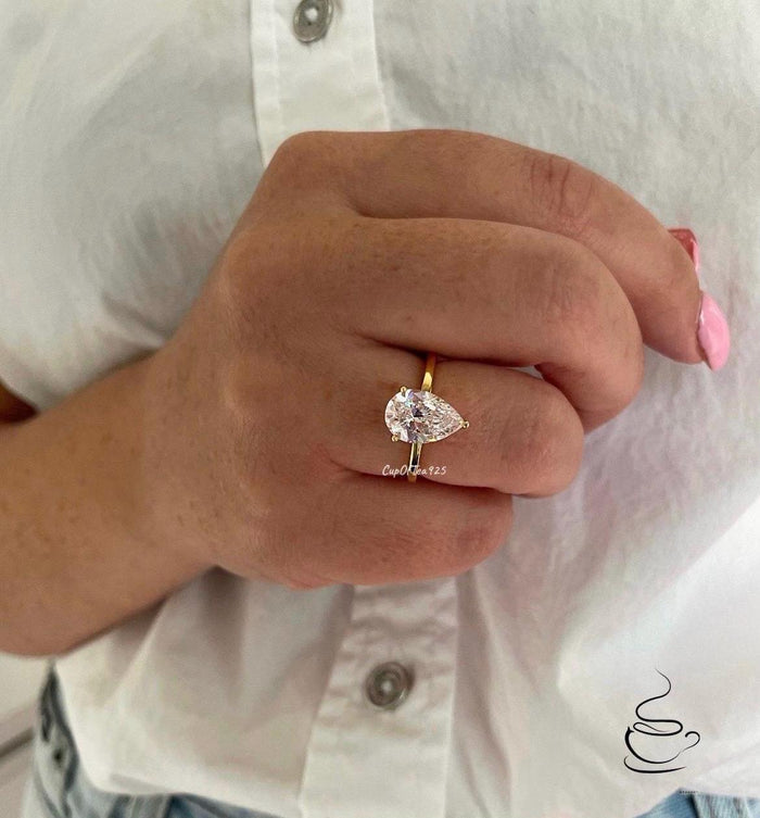 Moissanite engagement ring. Sterling Silver 925, 10K, 14K engagement ring with 2CT 4CT pear shaped moissanite, tear drop moissanite ring