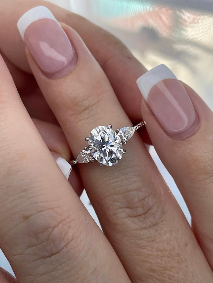 Moissanite Engagement Ring: Sterling Silver 925, 2CT Oval Cut, Three Stone