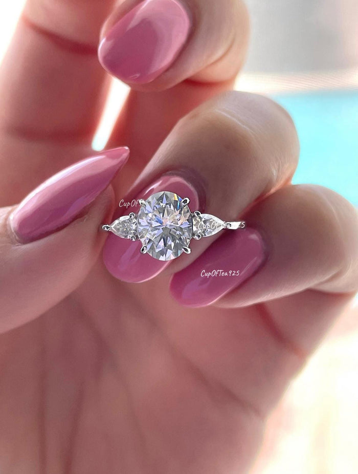 Moissanite Engagement Ring: Sterling Silver 925, 2CT Oval Cut, Three Stone