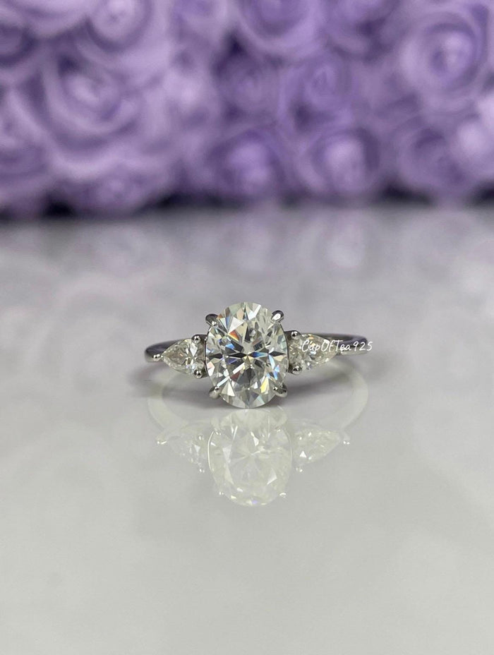 Moissanite Engagement Ring: Sterling Silver 925, 2CT Oval Cut, Three Stone