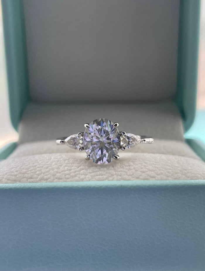 Moissanite Engagement Ring: Sterling Silver 925, 2CT Oval Cut, Three Stone