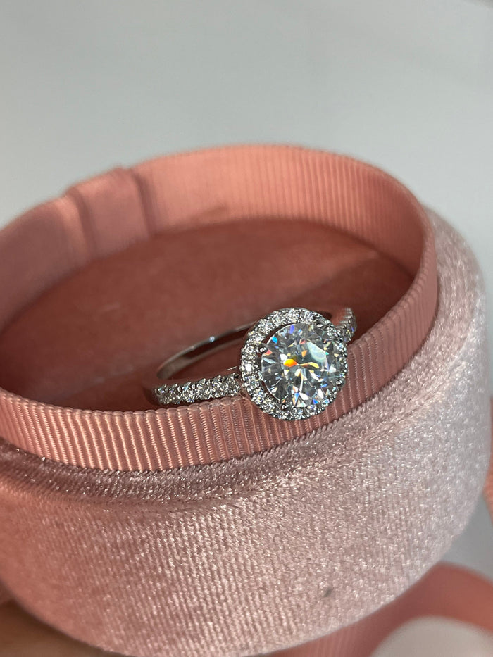 Moissanite Halo Engagement Ring: 2.25 CTTW Sterling Silver Promise Ring
