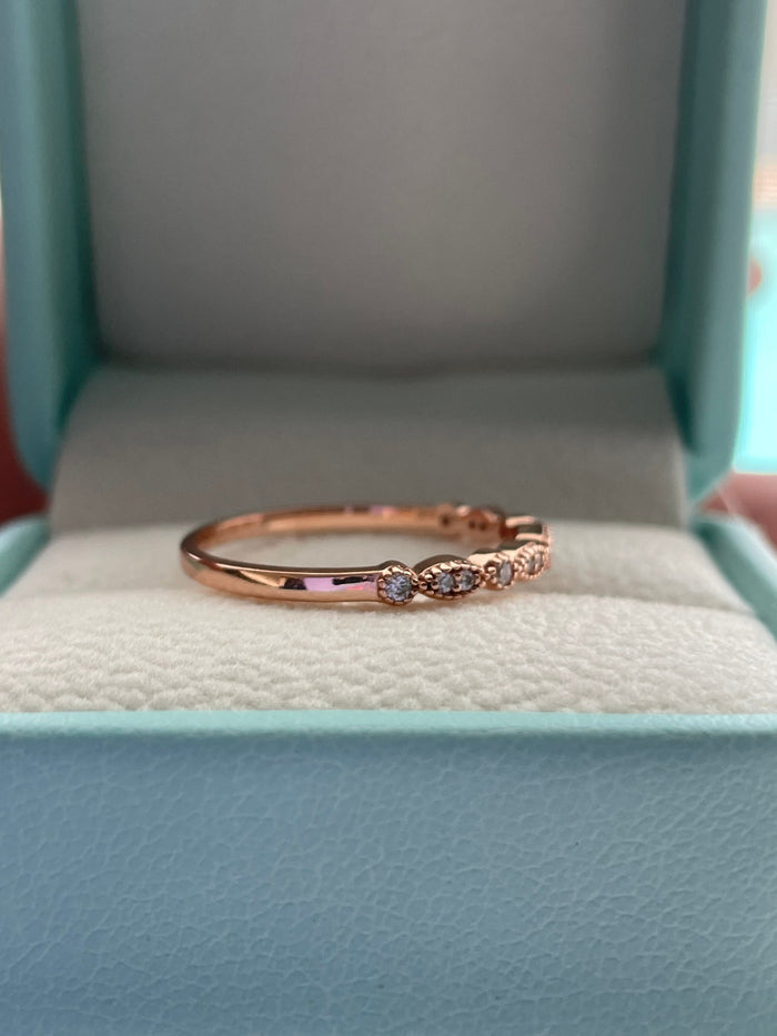 Moissanite. Milgrain Marquese and dot half eternity band with round brilliant cut moissanites in Sterling Silver or Rose Gold Vermeil