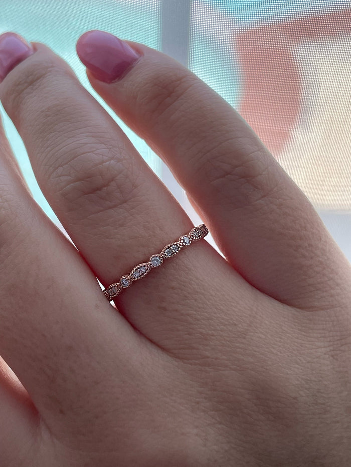 Moissanite. Milgrain Marquese and dot half eternity band with round brilliant cut moissanites in Sterling Silver or Rose Gold Vermeil