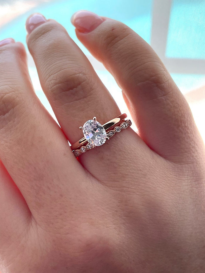 Moissanite. Milgrain Marquese and dot half eternity band with round brilliant cut moissanites in Sterling Silver or Rose Gold Vermeil
