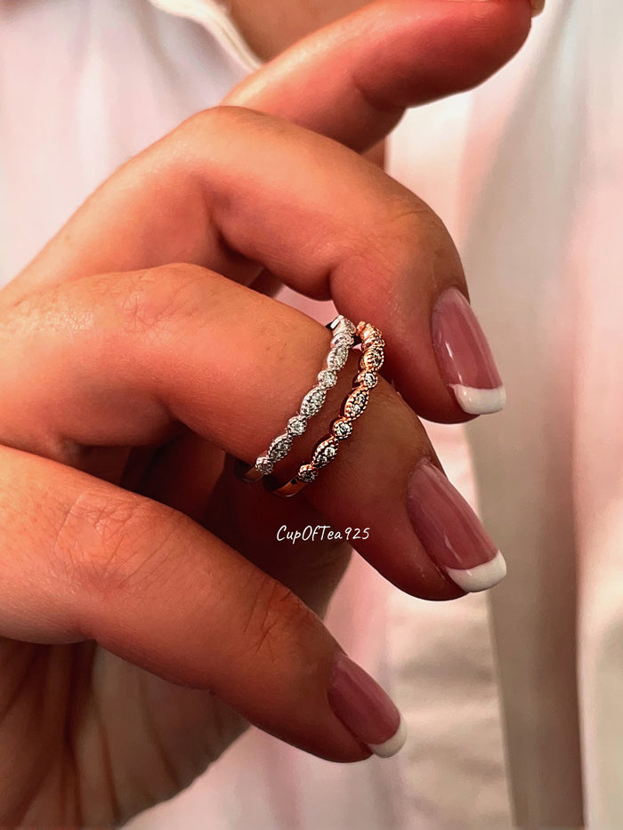 Moissanite. Milgrain Marquese and dot half eternity band with round brilliant cut moissanites in Sterling Silver or Rose Gold Vermeil