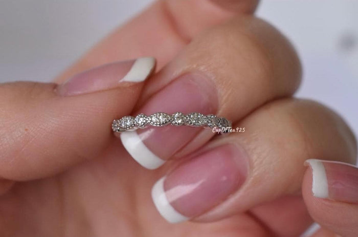 Moissanite Sterling Silver 925 2mm Art Deco Half Eternity Band, Wedding Band, Stacking Ring