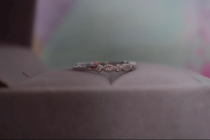 Moissanite Sterling Silver 925 2mm Art Deco Half Eternity Band, Wedding Band, Stacking Ring