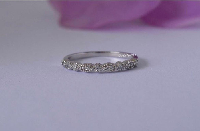 Moissanite Sterling Silver 925 2mm Art Deco Half Eternity Band, Wedding Band, Stacking Ring