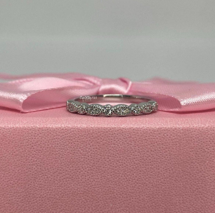 Moissanite Sterling Silver 925 2mm Art Deco Half Eternity Band, Wedding Band, Stacking Ring