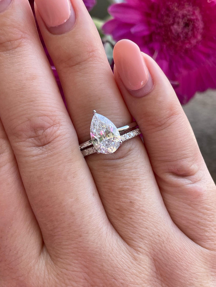 Moissanite Sterling Silver 925 bridal set with 2CT, 4CT pear cut solitaire engagement ring and half eternity band