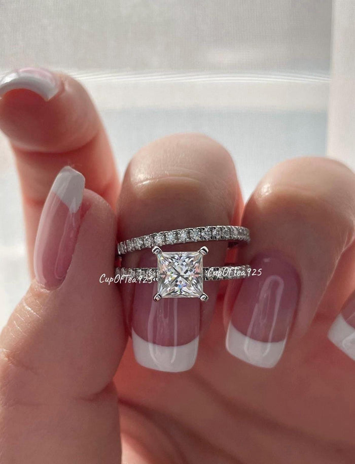 Moissanite. Sterling Silver 925 Princess Cut Bridal set with the finest Moissanite, wedding set, engagement ring.