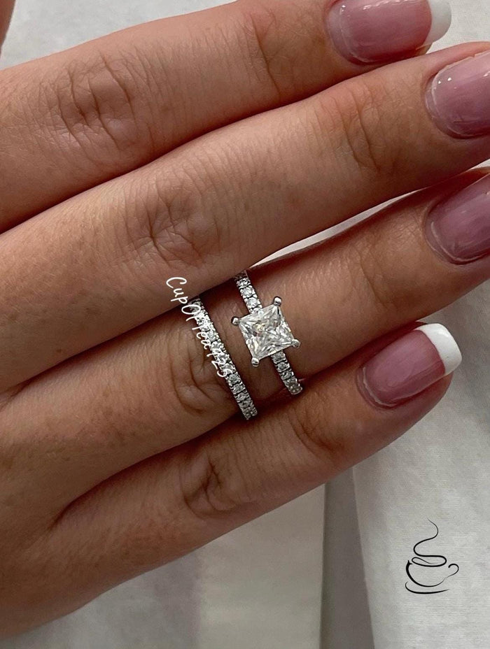 Moissanite. Sterling Silver 925 Princess Cut Bridal set with the finest Moissanite, wedding set, engagement ring.