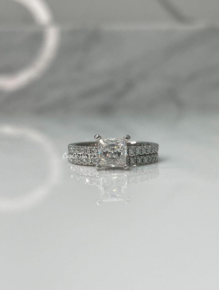 Moissanite. Sterling Silver 925 Princess Cut Bridal set with the finest Moissanite, wedding set, engagement ring.