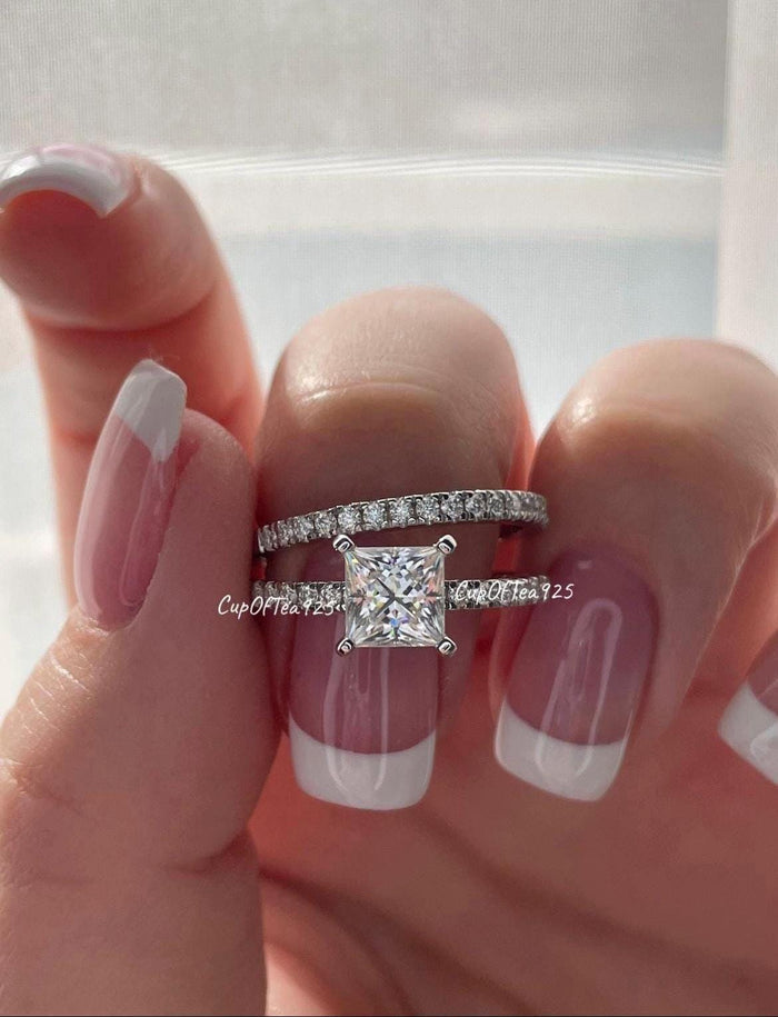 Moissanite. Sterling Silver 925 Princess Cut Bridal set with the finest Moissanite, wedding set, engagement ring.