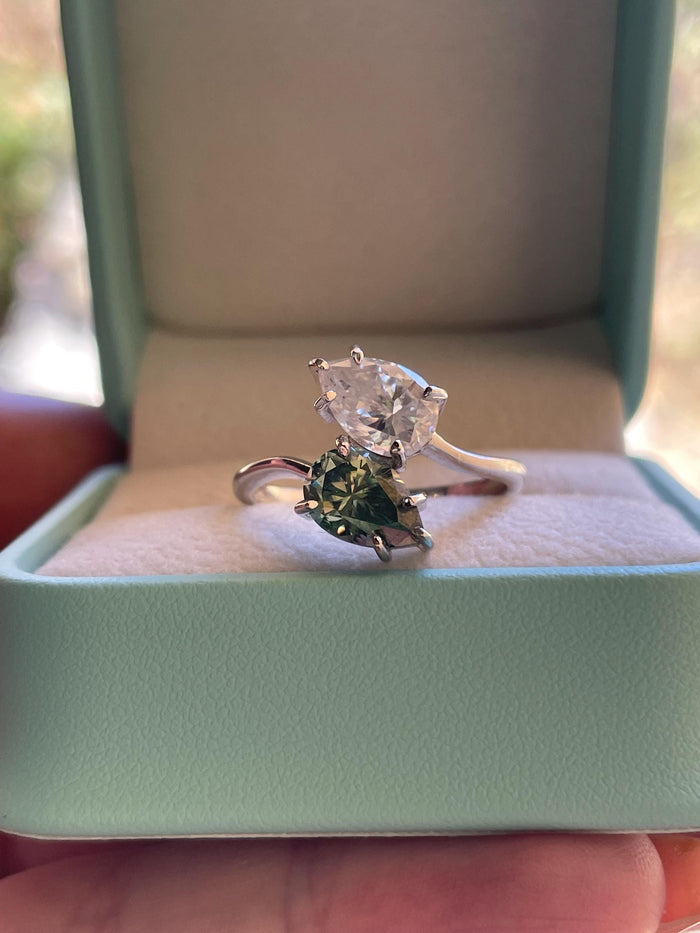 Moissanite Toi et Moi engagement ring. Sterling Silver 925 Toi et Moi with green and white pear cut moissanite, birthstone ring