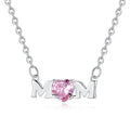 Silver mom necklace with heart pink cubic zirconia and M-shaped side charms