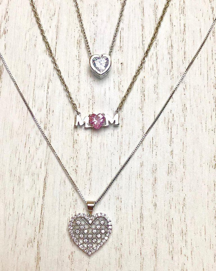 Silver layered mom necklaces with pink CZ heart charm and small M initials