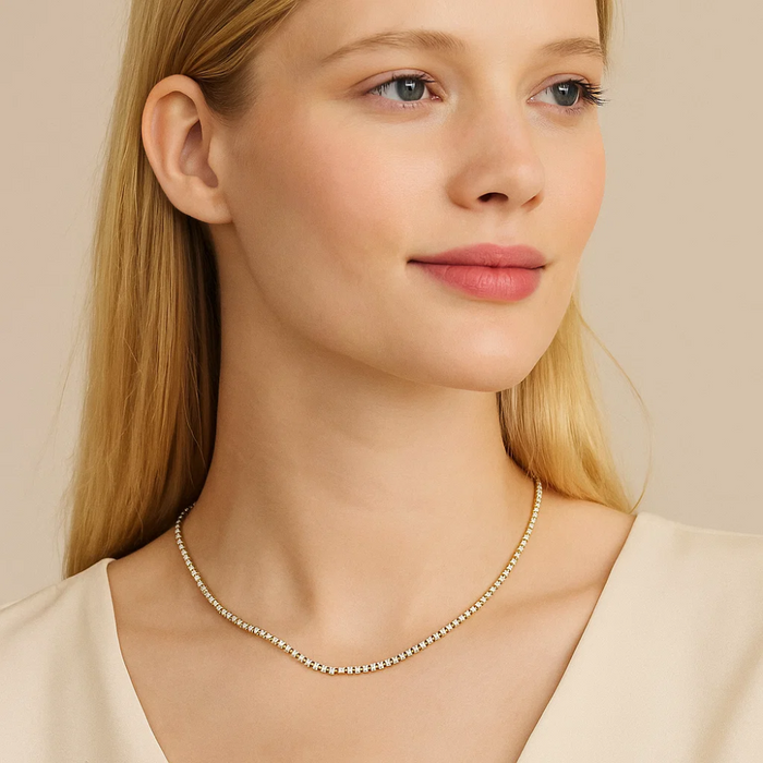 Silver-tone cubic zirconia tennis necklace with a smooth continuous stone row