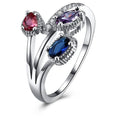 Silver-tone flower ring with blue, red, and purple cubic zirconia stones