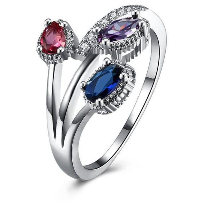 Silver-tone flower ring with blue, red, and purple cubic zirconia stones