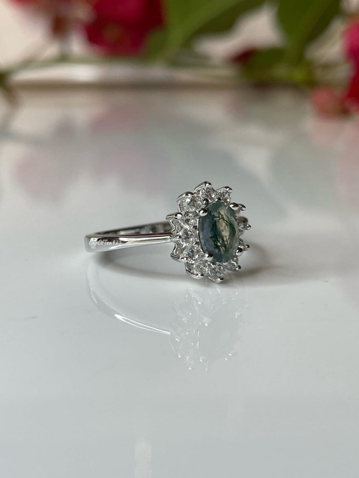 Natural Moss Agate Ring: Sterling Silver Flower Engagement Ring