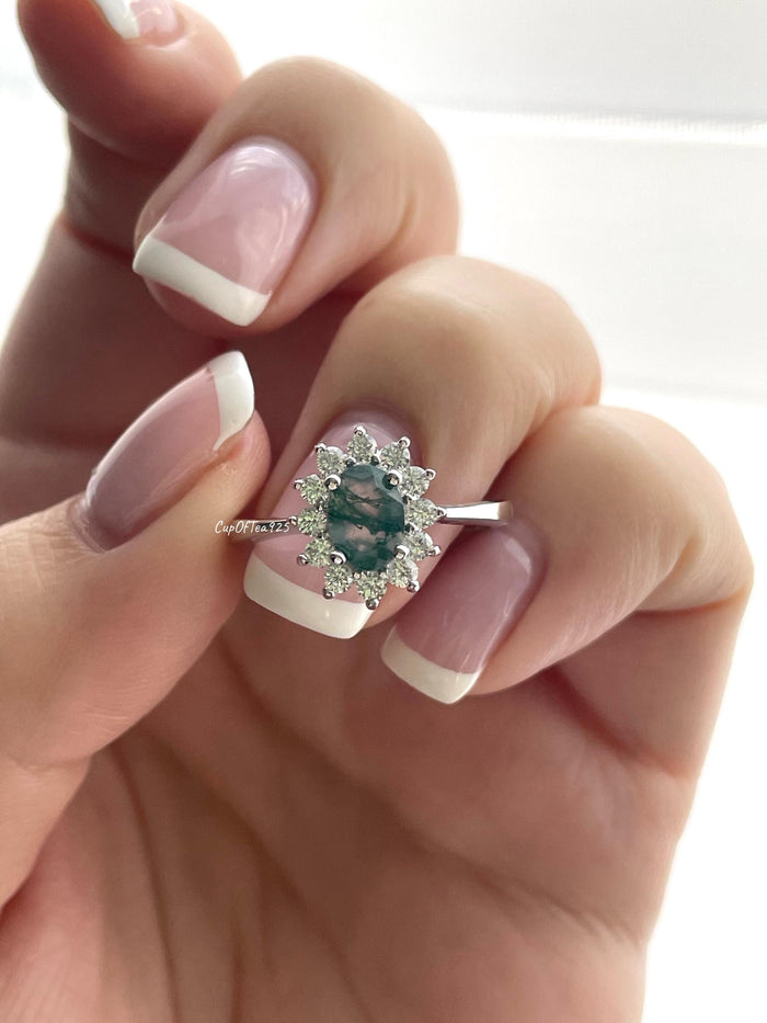 Natural Moss Agate Ring: Sterling Silver Flower Engagement Ring