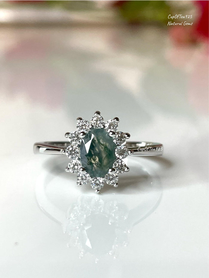 Natural Moss Agate Ring: Sterling Silver Flower Engagement Ring