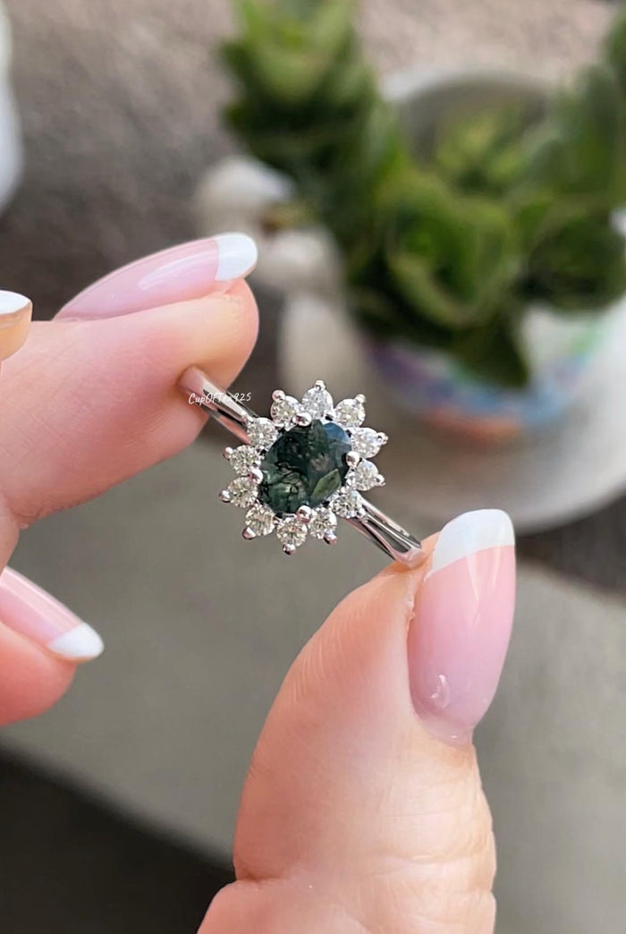 Natural Moss Agate Ring: Sterling Silver Flower Engagement Ring