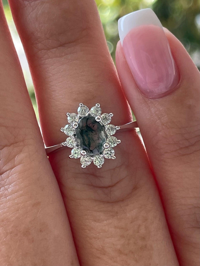 Natural Moss Agate Ring: Sterling Silver Flower Engagement Ring