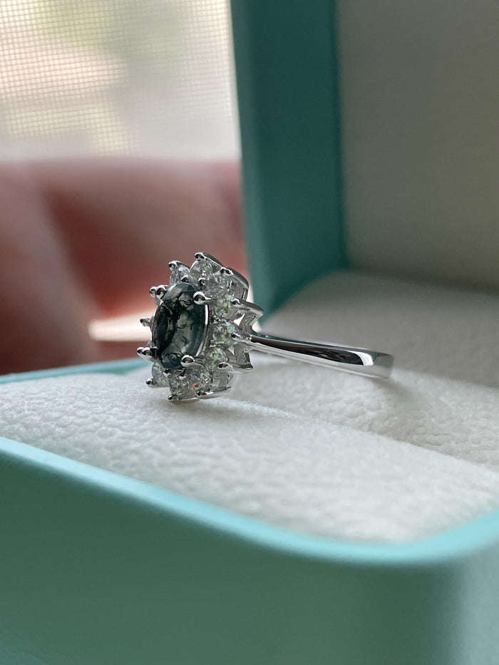 Natural Moss Agate Ring: Sterling Silver Flower Engagement Ring