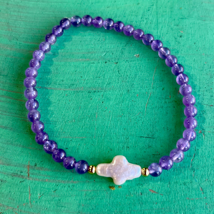 Natural Stone Freshwater Pearl Cross Bracelet