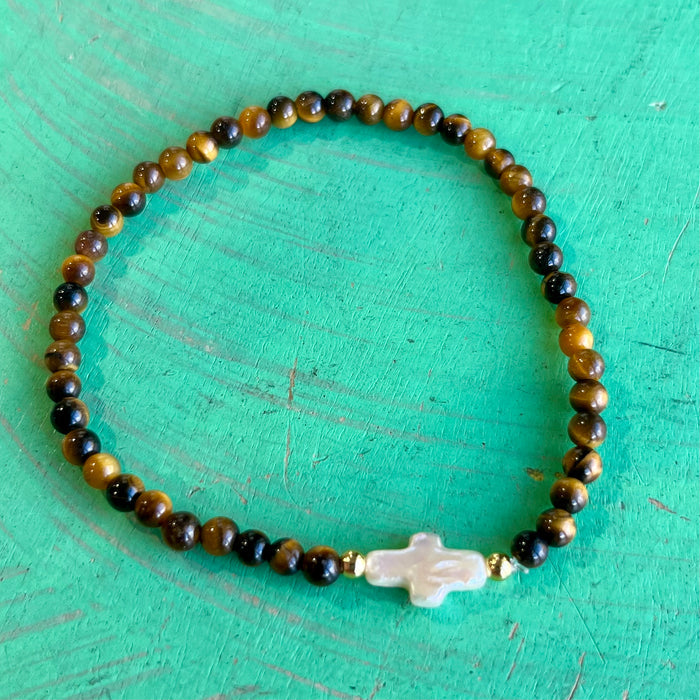 Natural Stone Freshwater Pearl Cross Bracelet