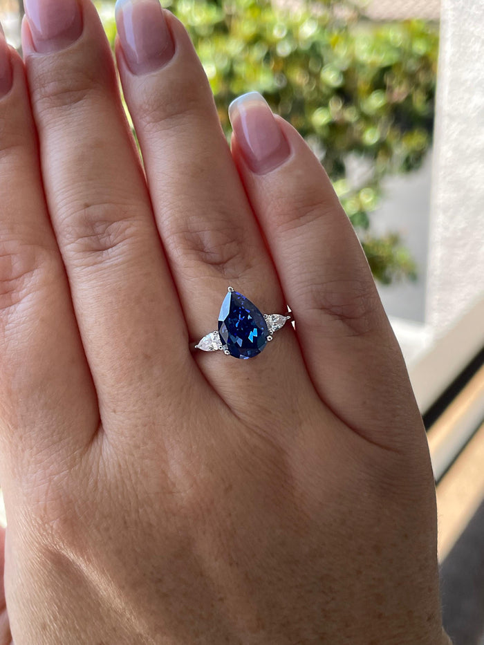 New In! 3 carat crushed ice simulated blue sapphire pear shaped engagement ring in silver 925, yellow gold vermeil ring, gift for her