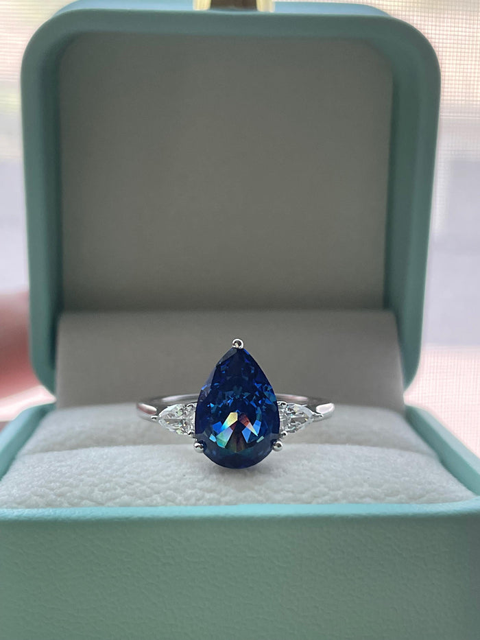 New In! 3 carat crushed ice simulated blue sapphire pear shaped engagement ring in silver 925, yellow gold vermeil ring, gift for her