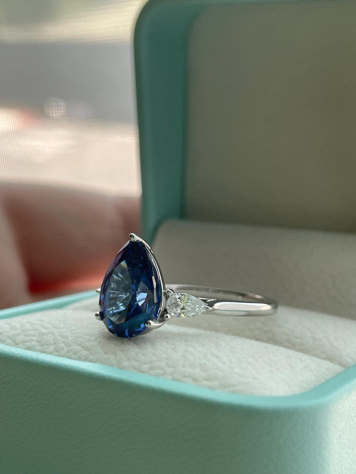 New In! 3 carat crushed ice simulated blue sapphire pear shaped engagement ring in silver 925, yellow gold vermeil ring, gift for her